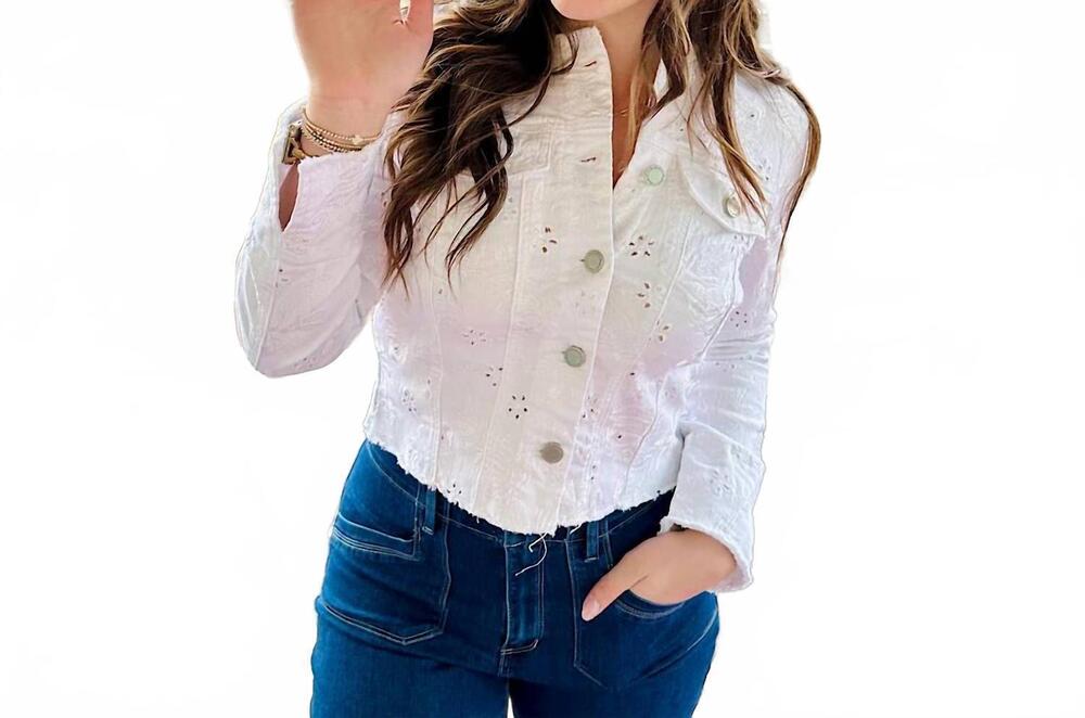 NEW CHARLIE B women's eyelet denim jacket in white